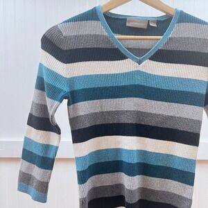 Croft Barrow Women's Sweater Y2K Cabincore Striped V-Neck Blue‎ Long Sleeve S
